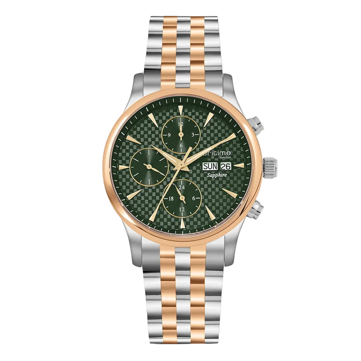 Luxury watch with green dial and two-tone metal bracelet on a white background