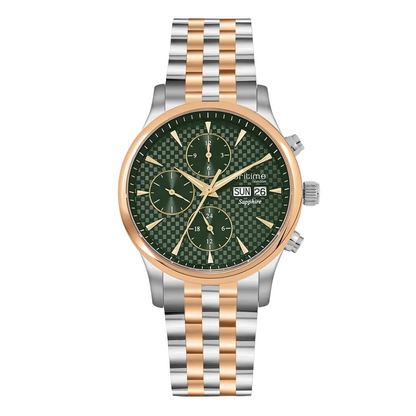 Luxury watch with green dial and two-tone metal bracelet on a white background