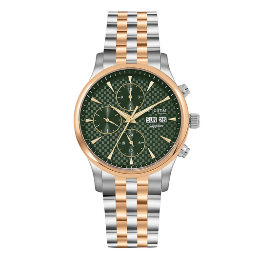 Luxury watch with green dial and two-tone metal bracelet on a white background