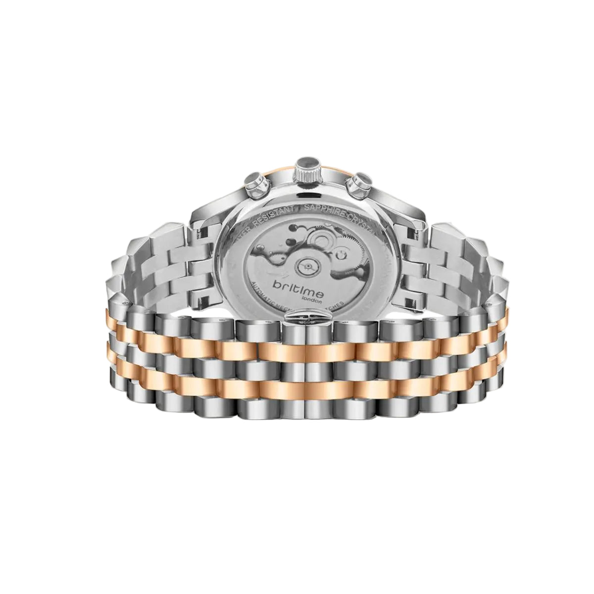 Silver and rose gold watch with brand logo on a white background