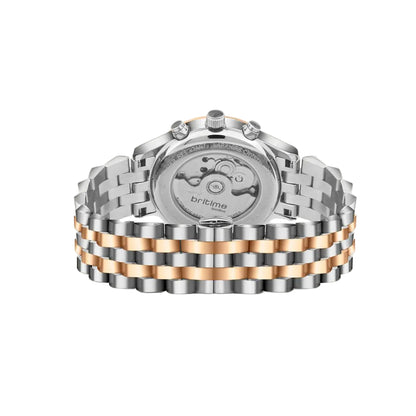 Silver and rose gold watch with brand logo on a white background