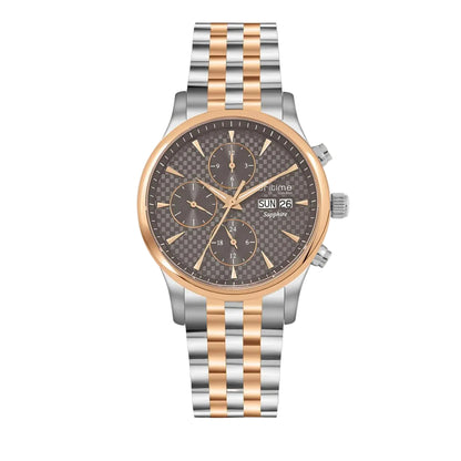 Luxury watch with a two-tone metal strap on a light gray background