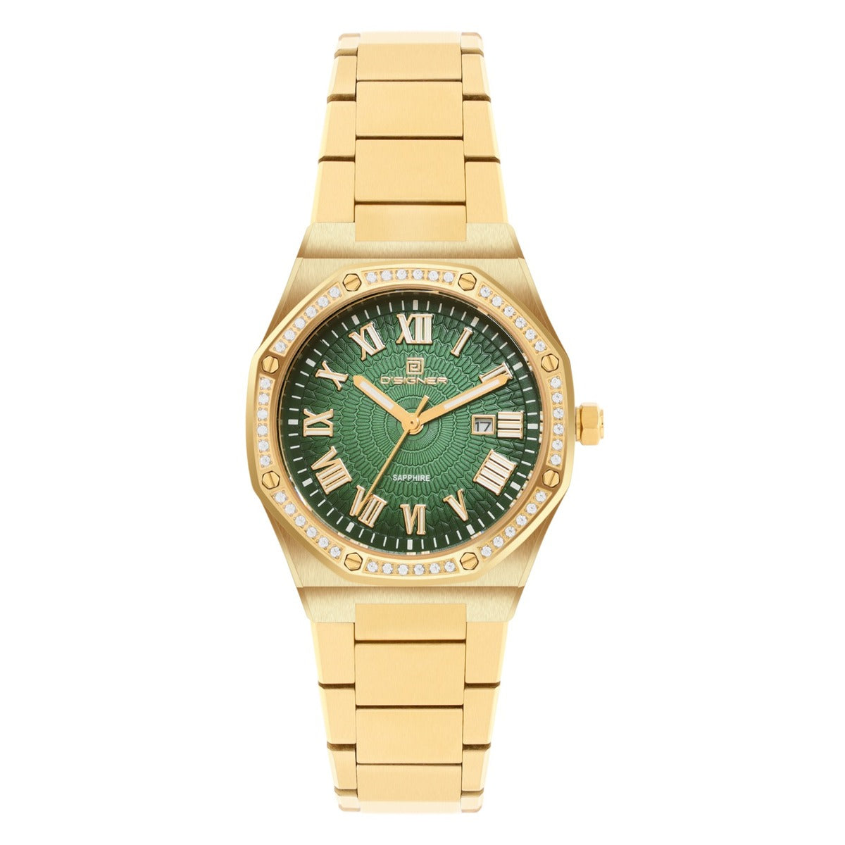 Gold wristwatch with a green dial on a white background