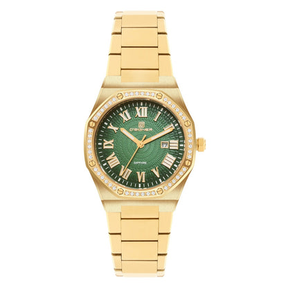Gold wristwatch with a green dial on a white background