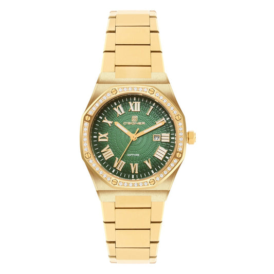 Gold wristwatch with a green dial on a white background