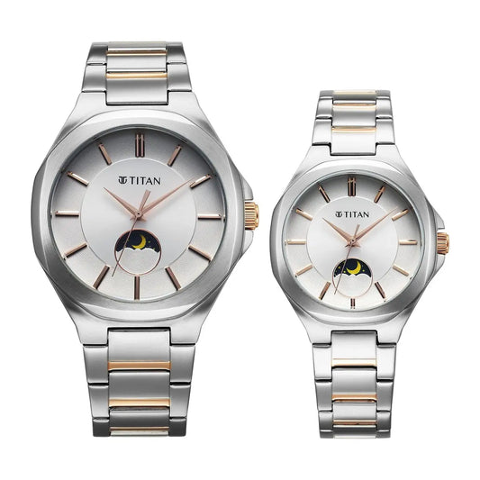 Titan Bandhan Quartz Analog Sun-Moon Silver Dial Two Tone Couple Watch 9400994209KM01