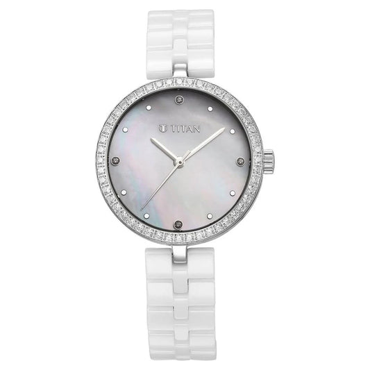 Titan Purple Ceramics Quartz Analog Mother of Pearl Dial Watch For Women 95215KC01