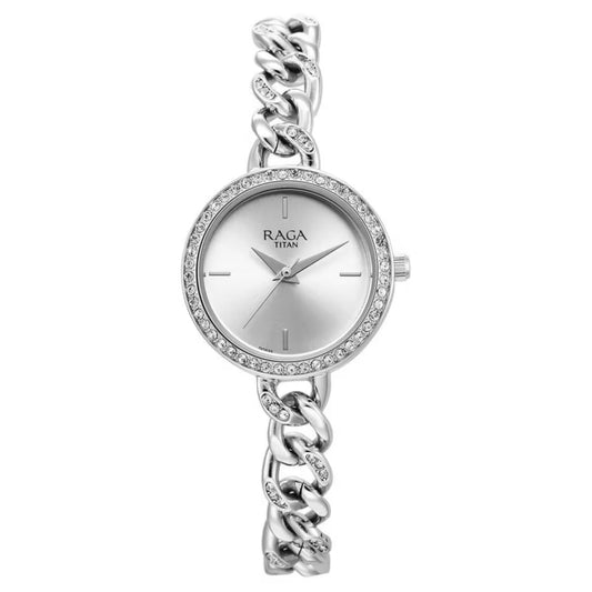 Titan Raga Showstopper Quartz Analog Silver Dial Metal Strap Women Watch 95288SM01