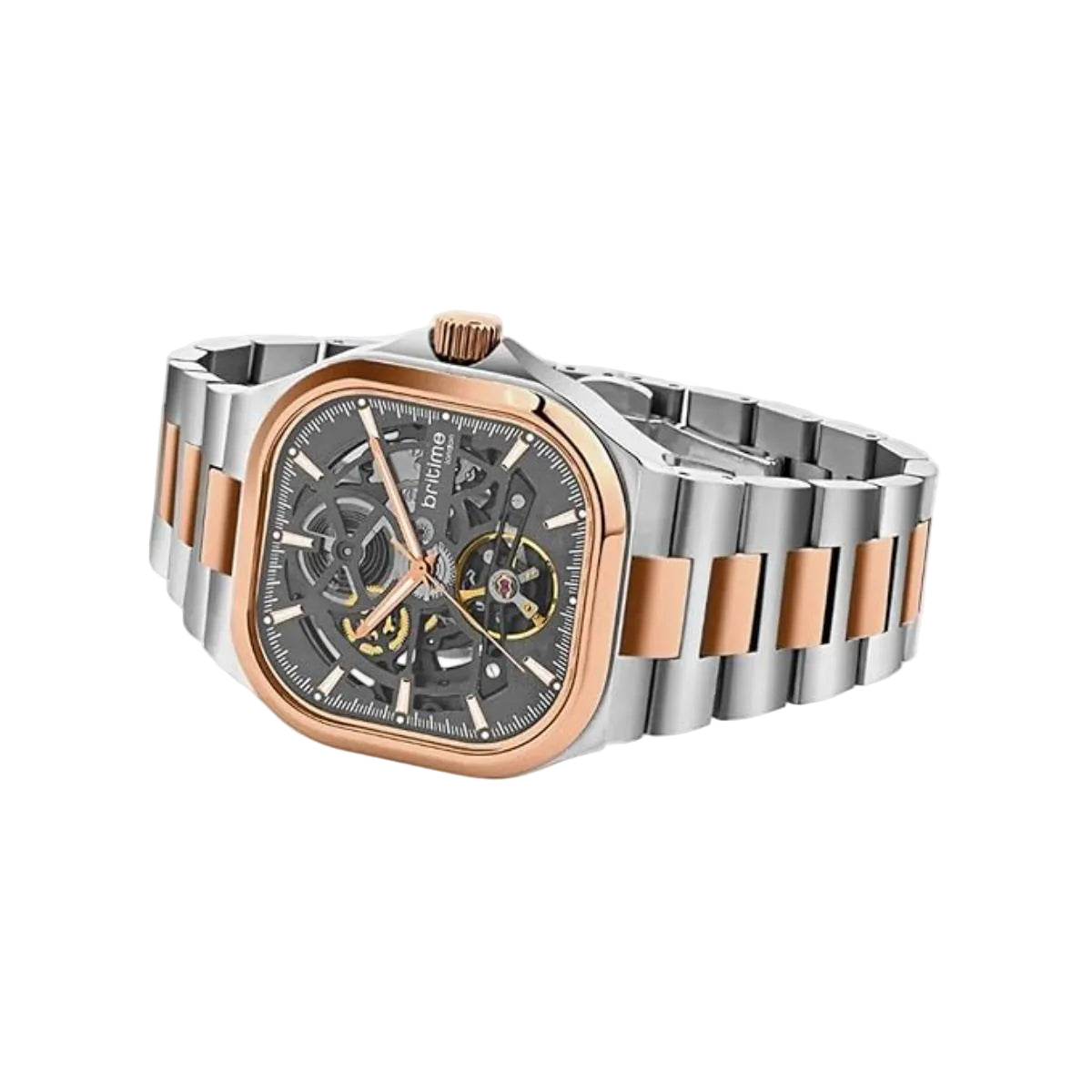 Luxury watch with silver and rose gold band on a white background