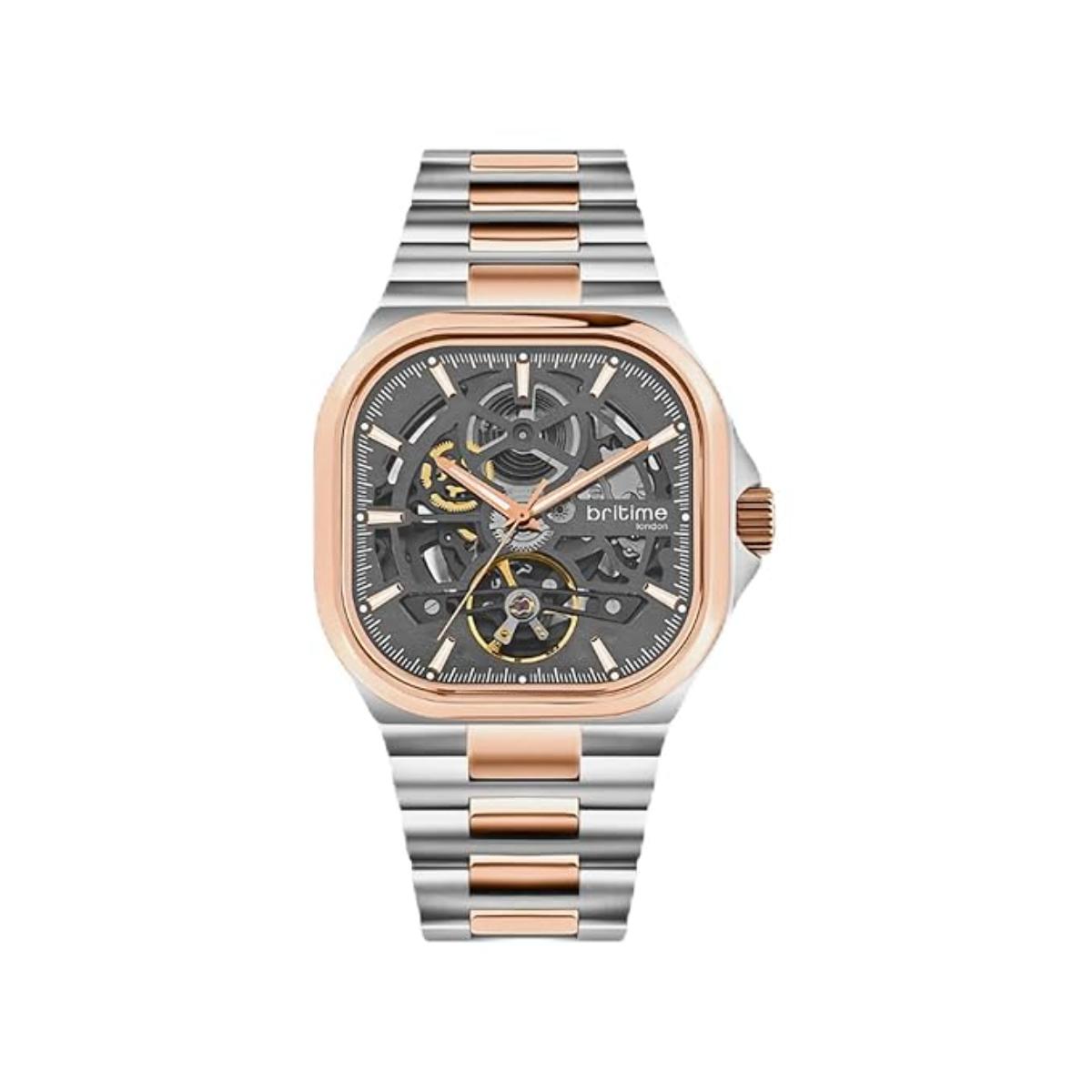 Watch with a silver and rose gold band on a white background