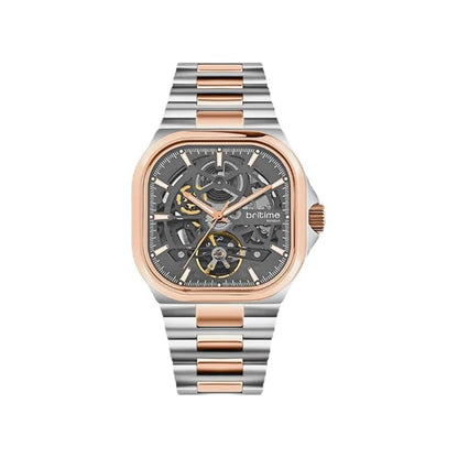 Watch with a silver and rose gold band on a white background
