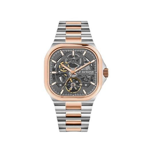 Watch with a silver and rose gold band on a white background