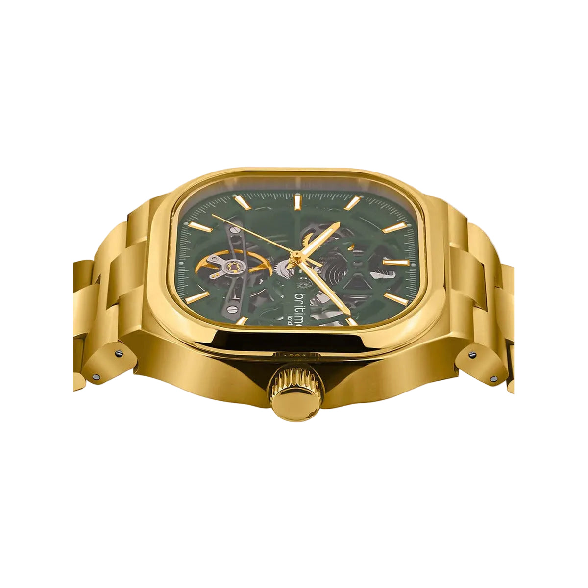 Gold wristwatch with a green face on a white background