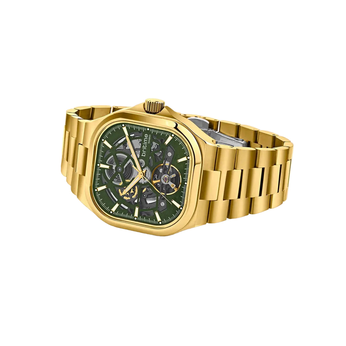 Gold wristwatch with a green face on a light gray background