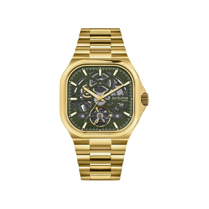 Gold wristwatch with a green dial on a white background