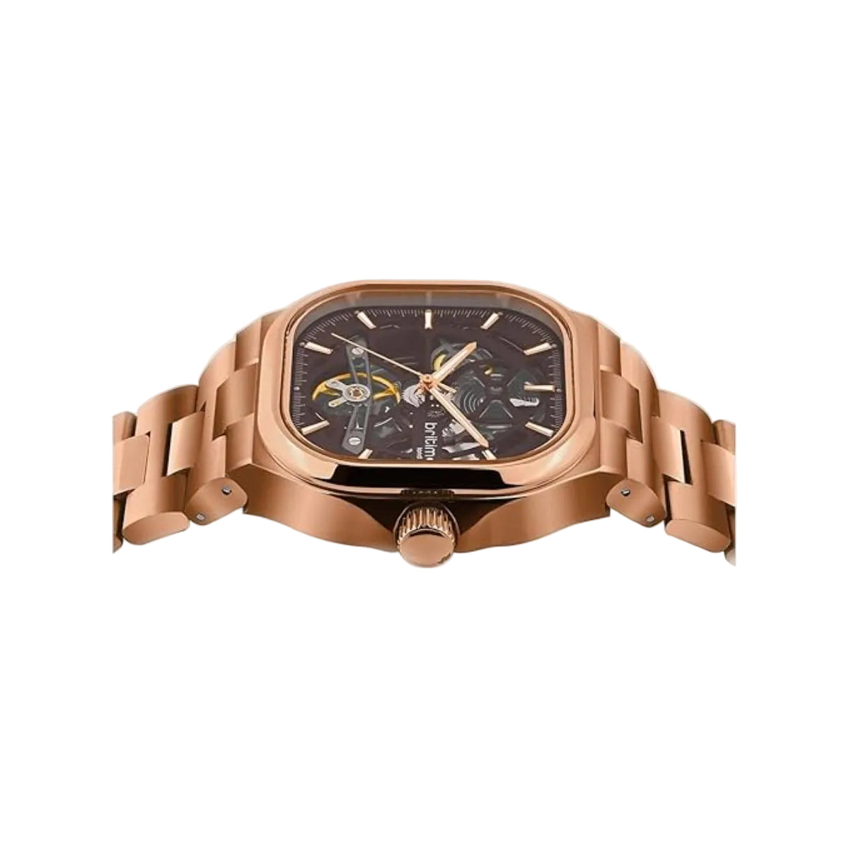 Rose gold watch with detailed face on a light gray background