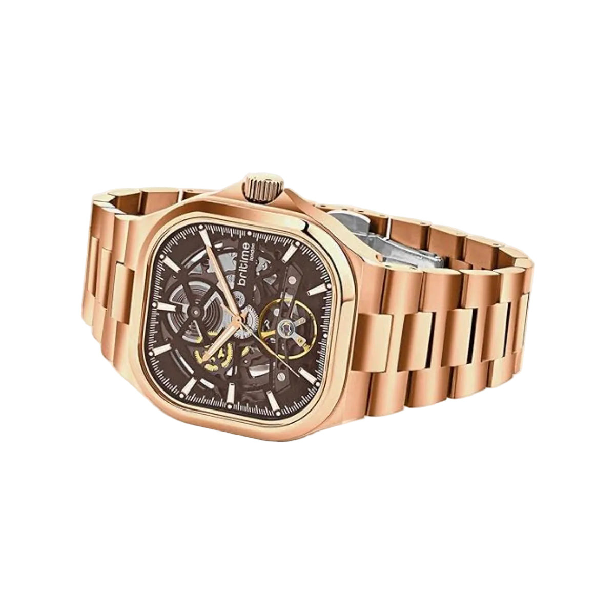 Rose gold watch with a detailed face on a light gray background