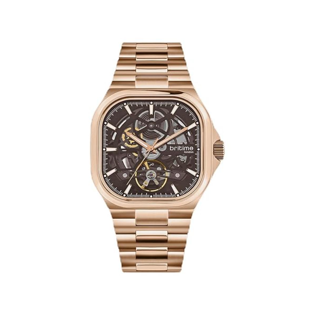 Rose gold watch with a detailed face on a white background
