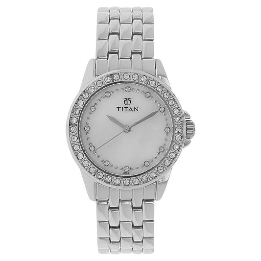 Titan Quartz Analog White Dial Metal Strap Watch for Women 9798SM02