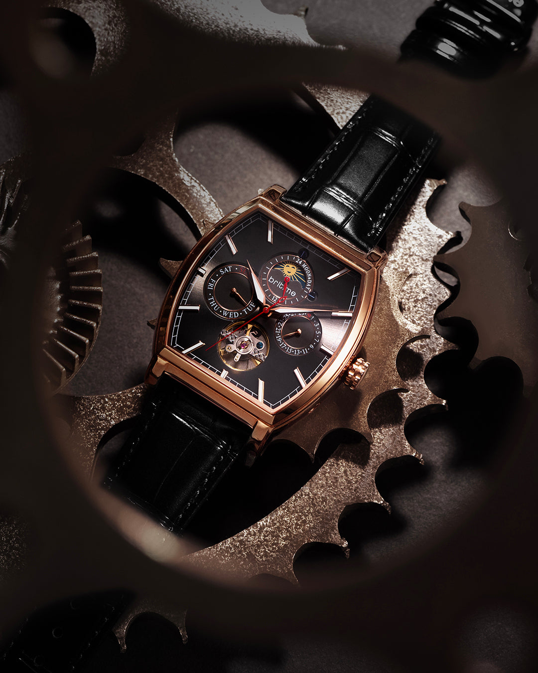 Britime Galaxy Men Automatic Black Dial Multi-Function Leather Strap Watch 985-L30406