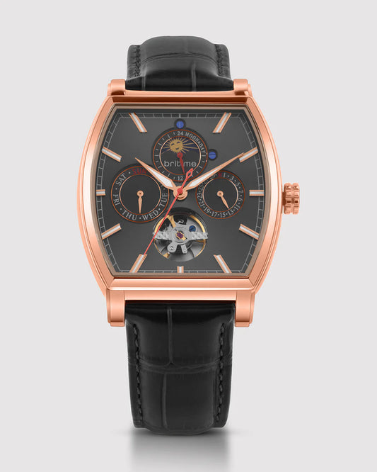 Britime Galaxy Men Automatic Black Dial Multi-Function Leather Strap Watch 985-L30406