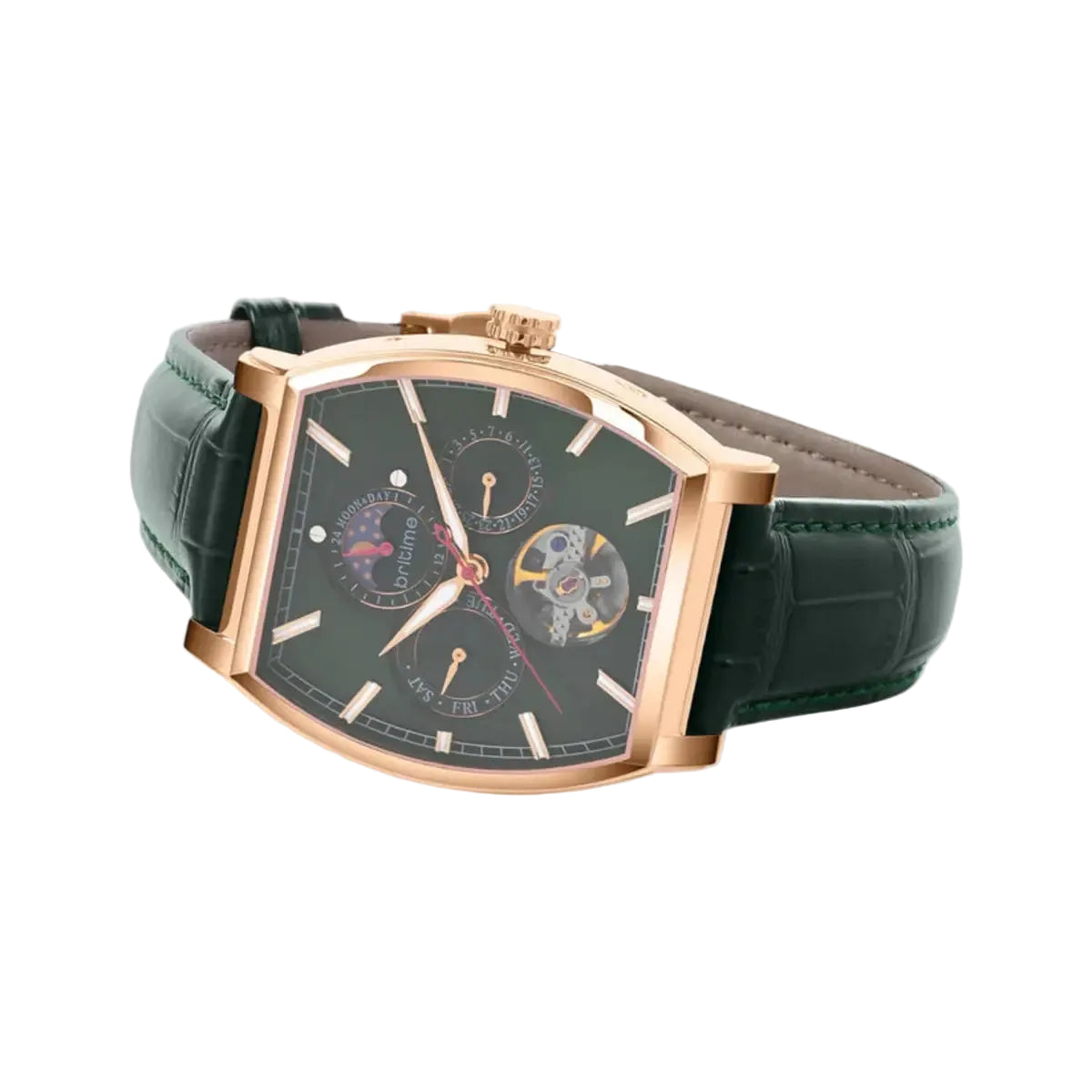 Luxury watch with green leather strap and rose gold case on a light gray background