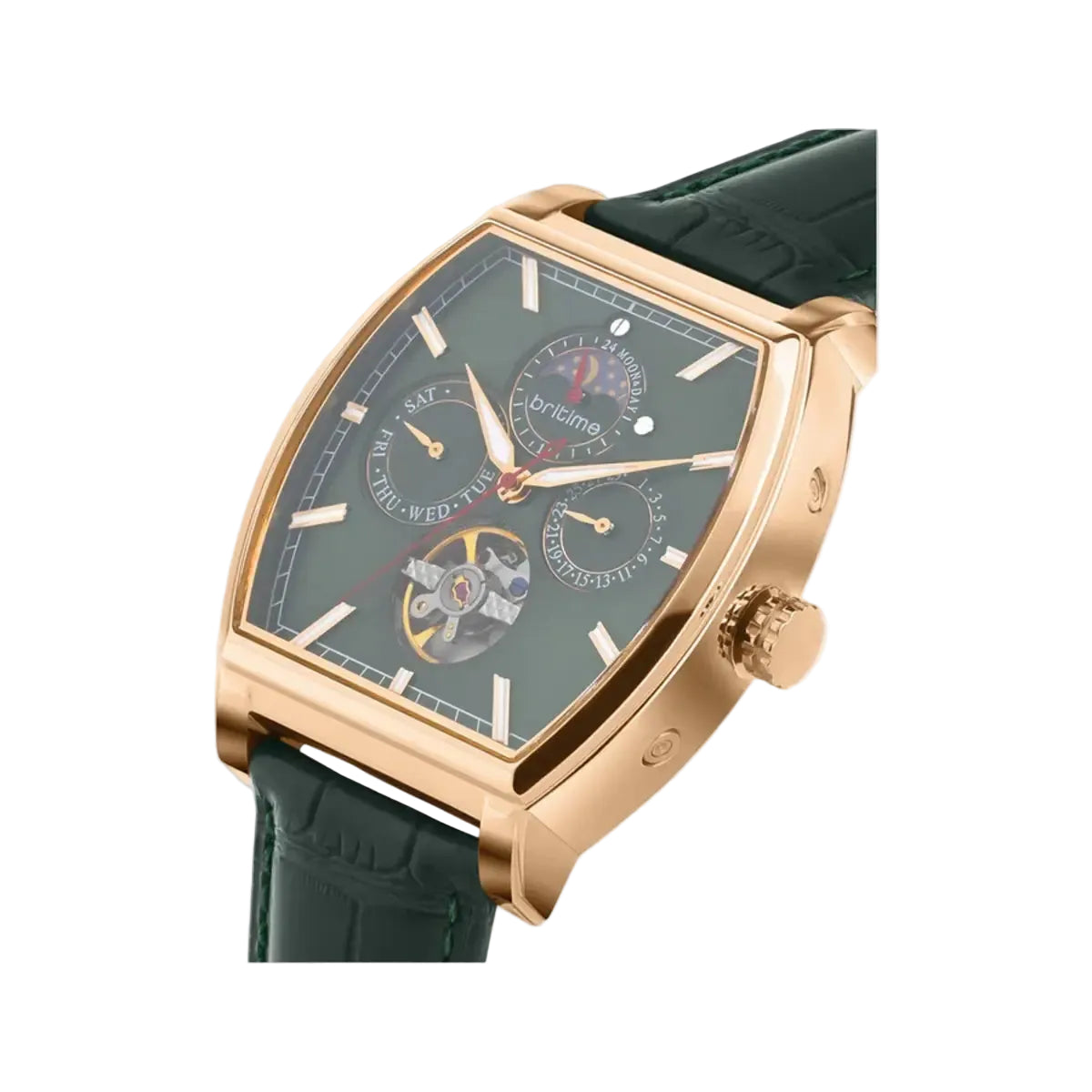 Luxury watch with green strap and rose gold case on a light gray background