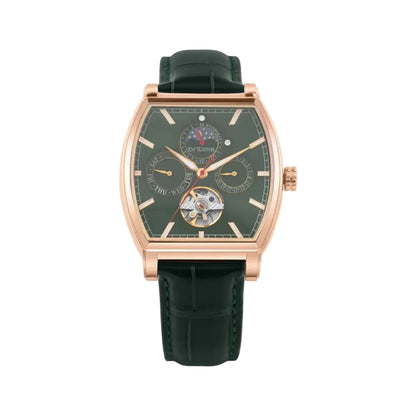 Luxury watch with green face and black strap on a light gray background