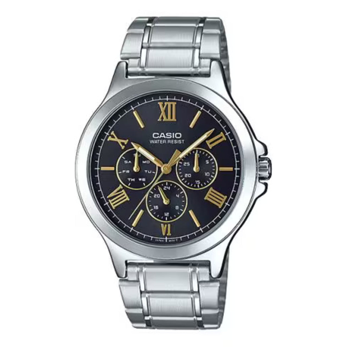 Casio watch with silver metal strap and black dial on a white background