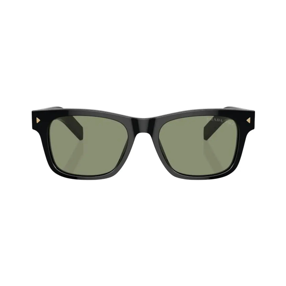 Black sunglasses with green lenses on a white background