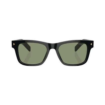 Black sunglasses with green lenses on a white background