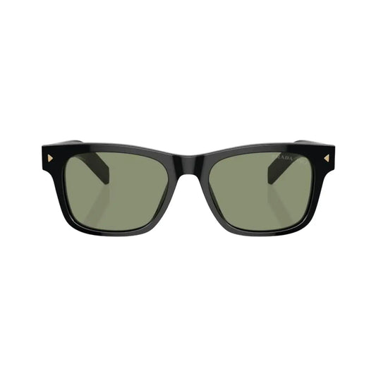 Black sunglasses with green lenses on a white background