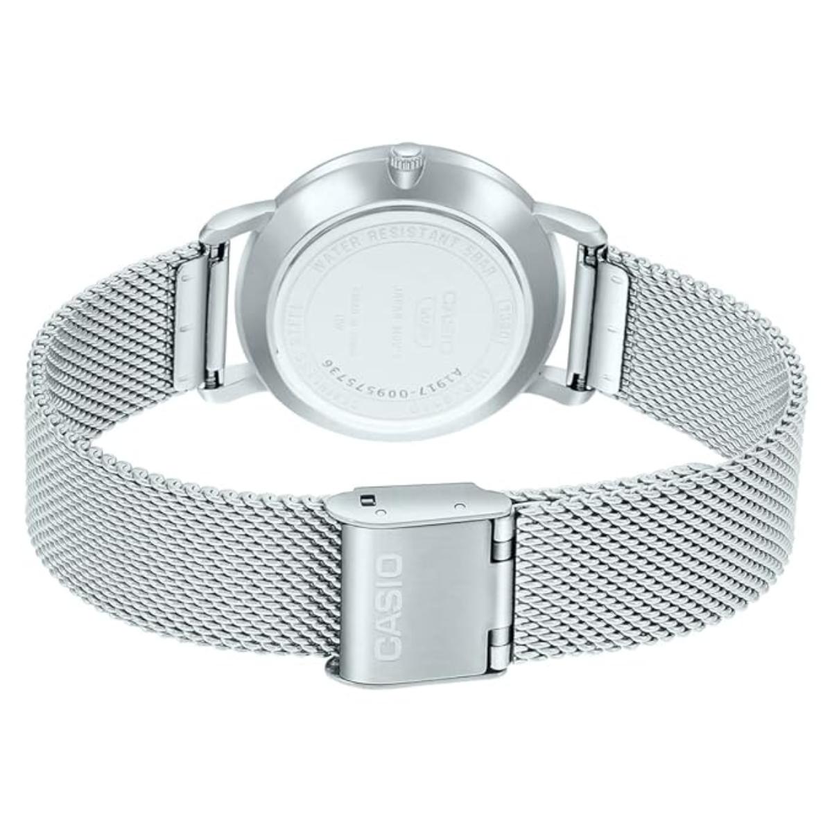 Silver Casio watch with mesh band on a white background