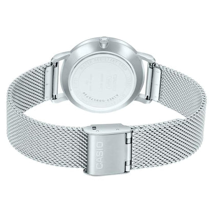Silver Casio watch with mesh band on a white background