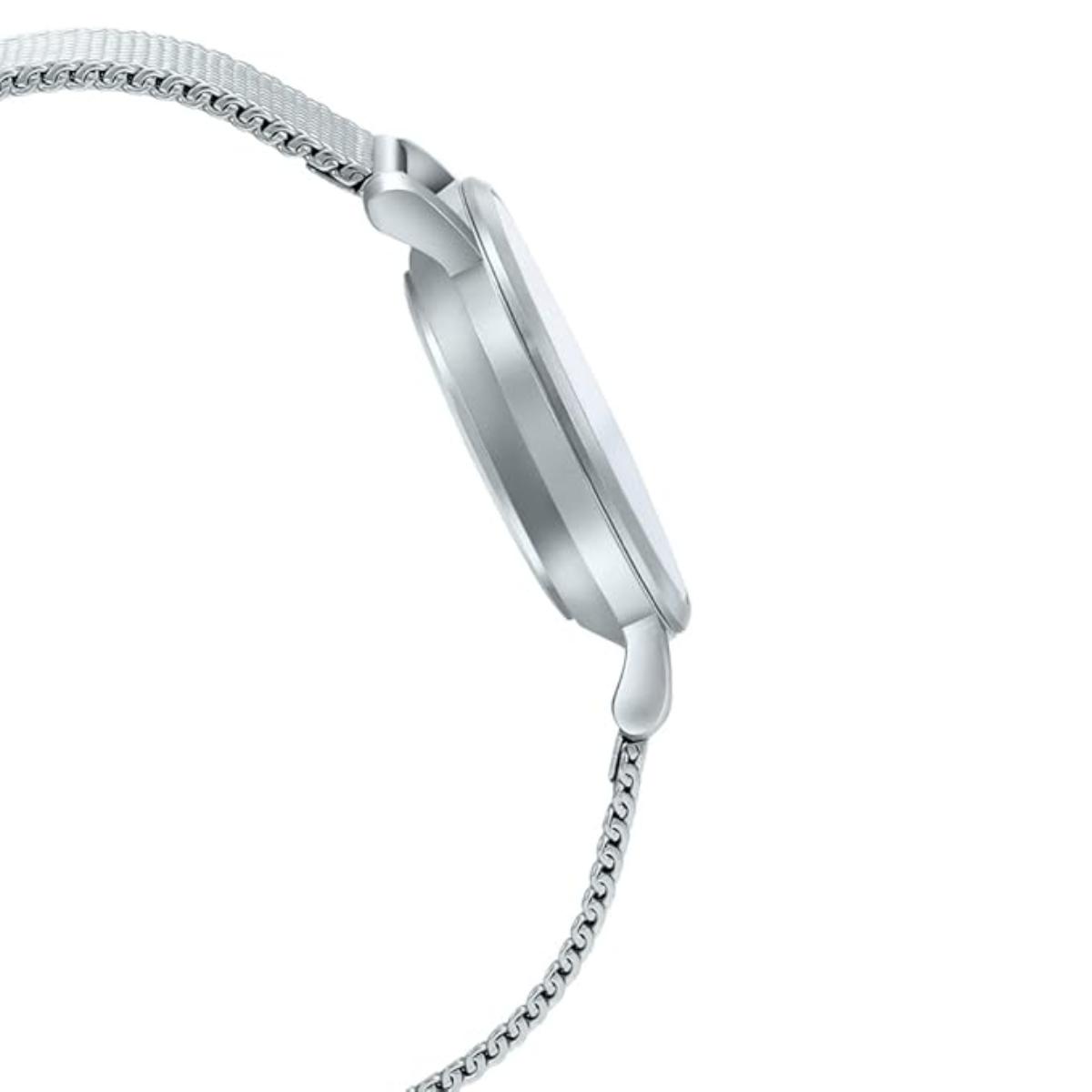 Close-up of a silver watch with a white background