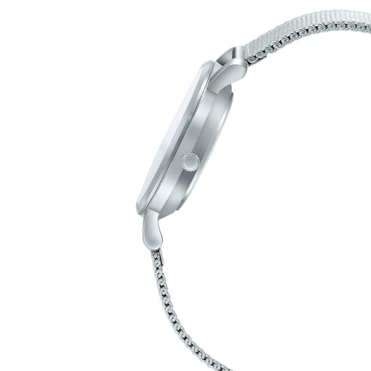 Silver watch with chain strap on a white background