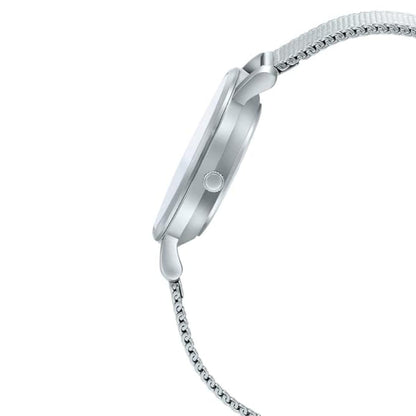 Silver watch with chain strap on a white background