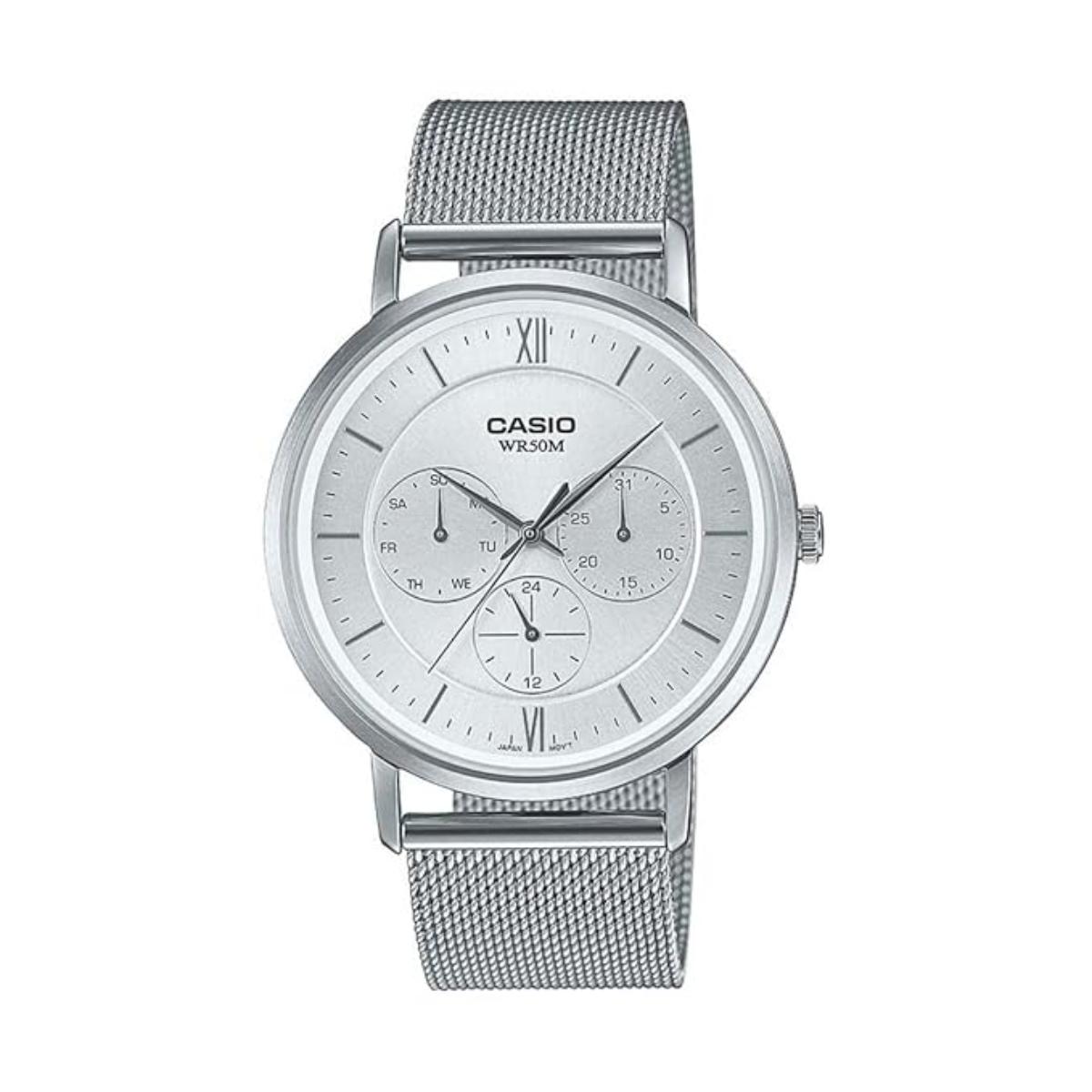 Silver Casio watch with mesh band on a white background