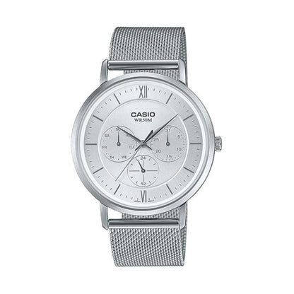 Silver Casio watch with mesh band on a white background