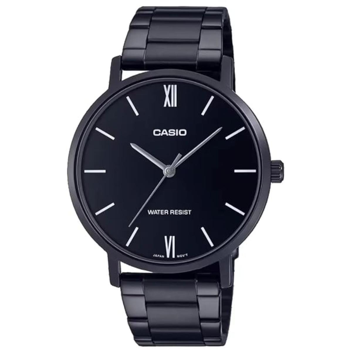 Black Casio watch with a black strap on a white background