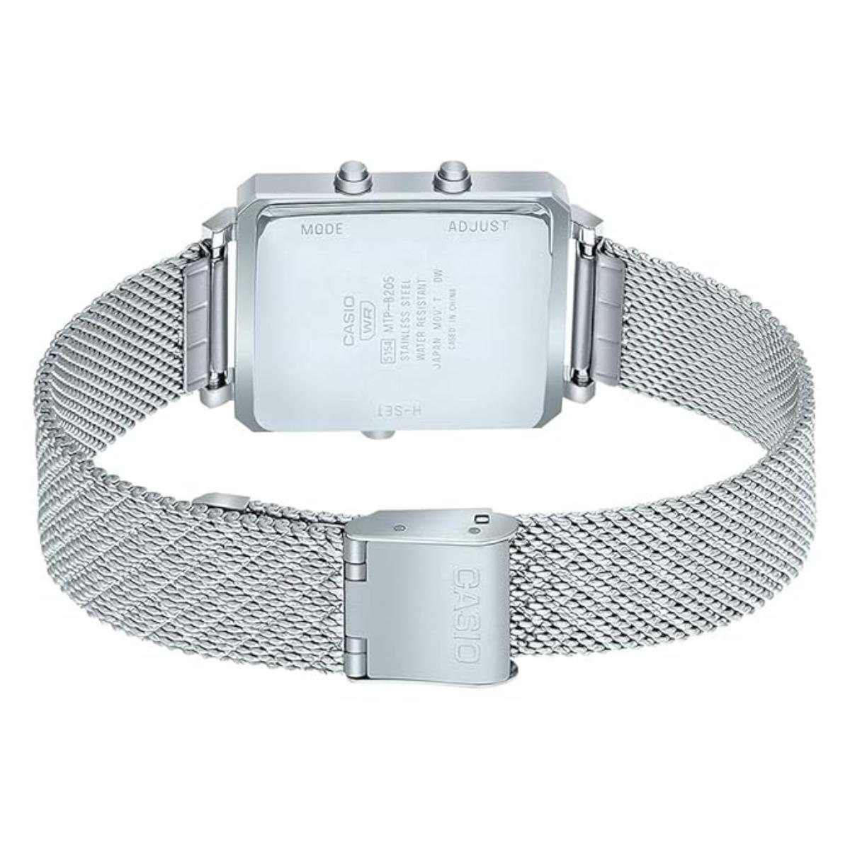 Silver Casio watch with mesh band on a white background