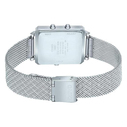 Silver Casio watch with mesh band on a white background
