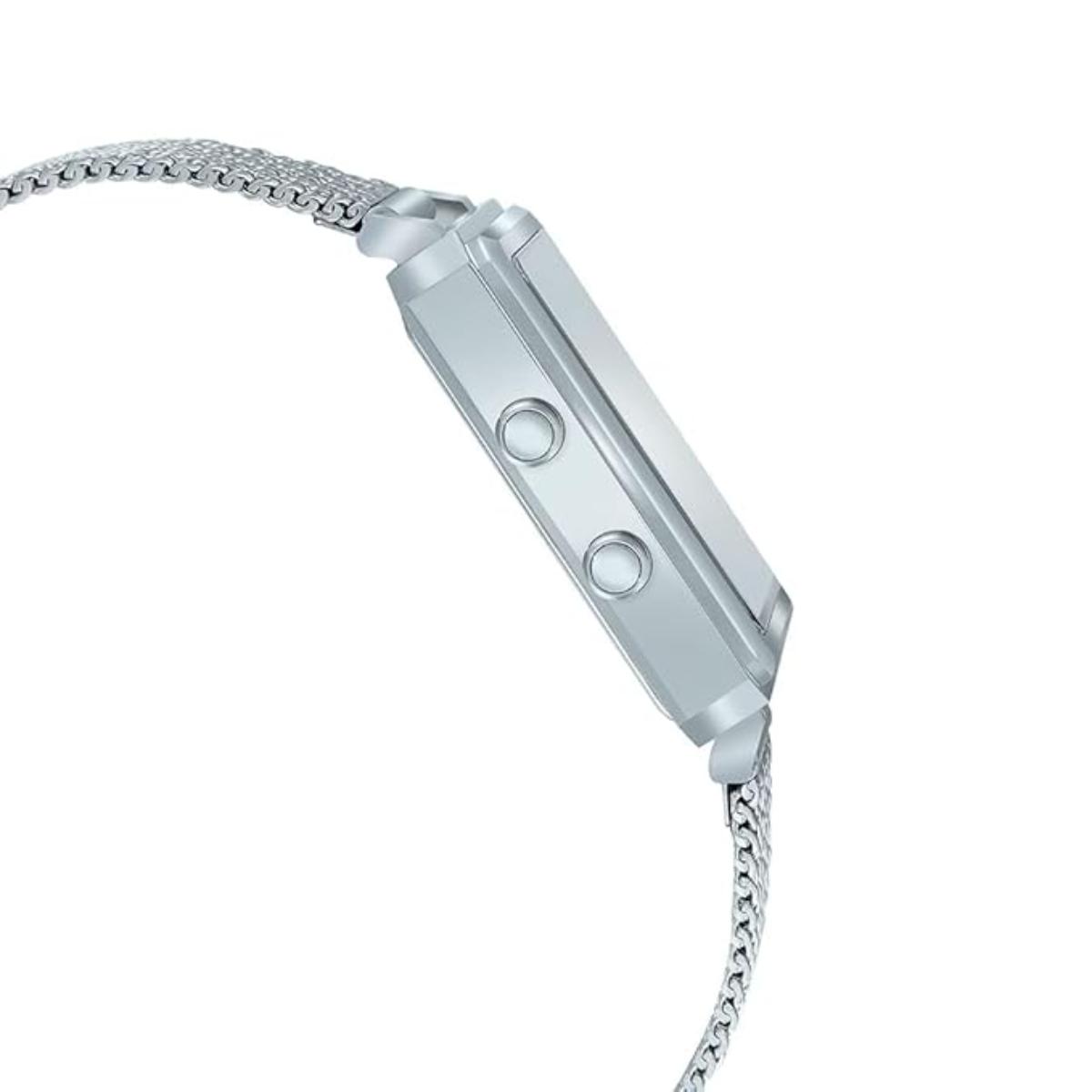 Silver bracelet with chain design on a white background