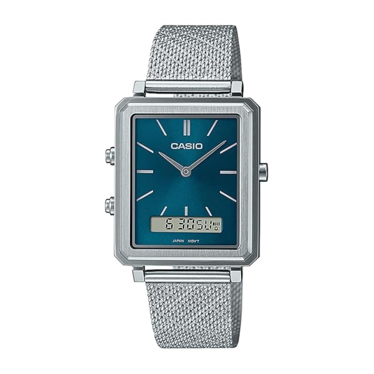 Casio watch with silver mesh strap and blue face on a white background