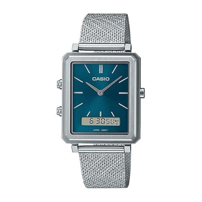 Casio watch with silver mesh strap and blue face on a white background