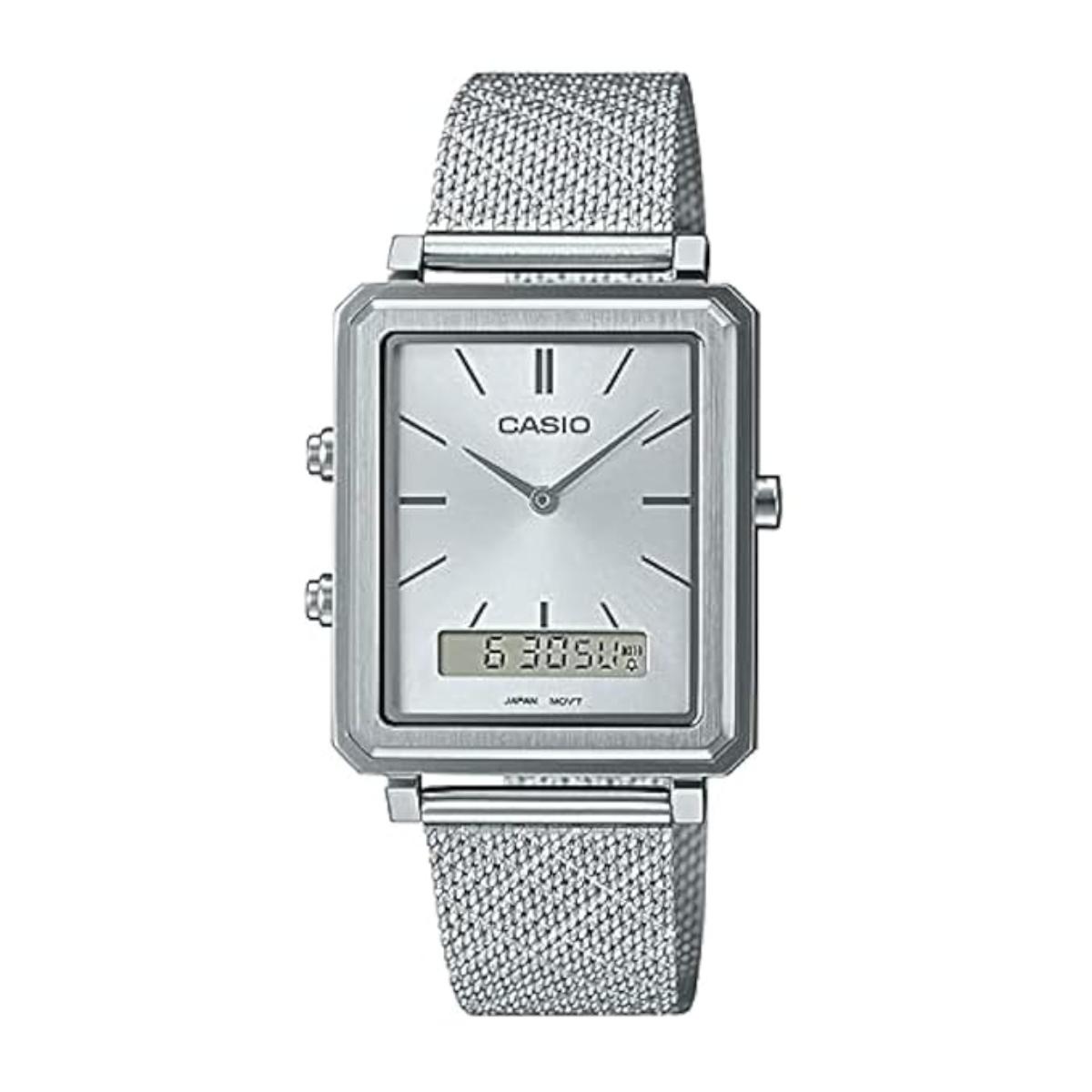 Silver Casio watch with mesh band on a white background