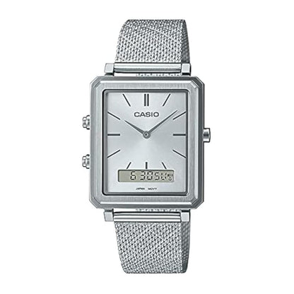 Silver Casio watch with mesh band on a white background