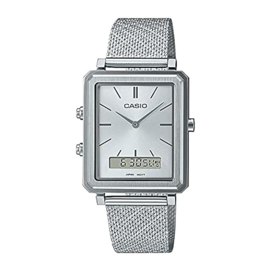Silver Casio watch with mesh band on a white background