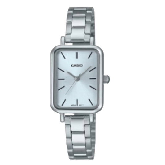 Silver Casio watch on a light gray background