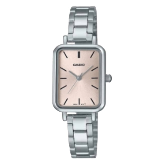 Silver Casio watch with a light pink face on a white background